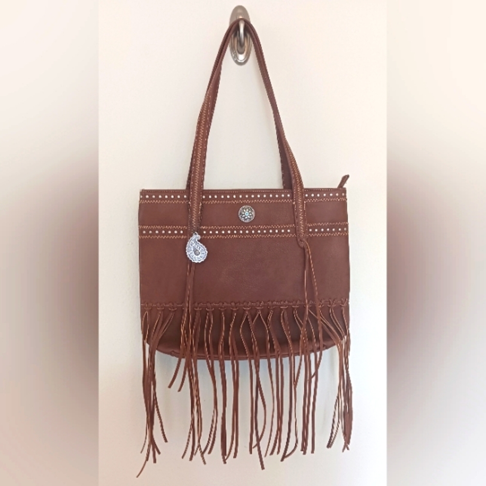 Bandana Womens Satchel Purse Brown Dual Handle Concho Fringe Southwestern NWOT